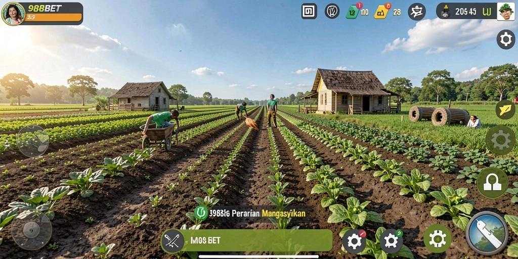Screenshot gameplay 988BET yang menunjukkan aktivitas bertani.