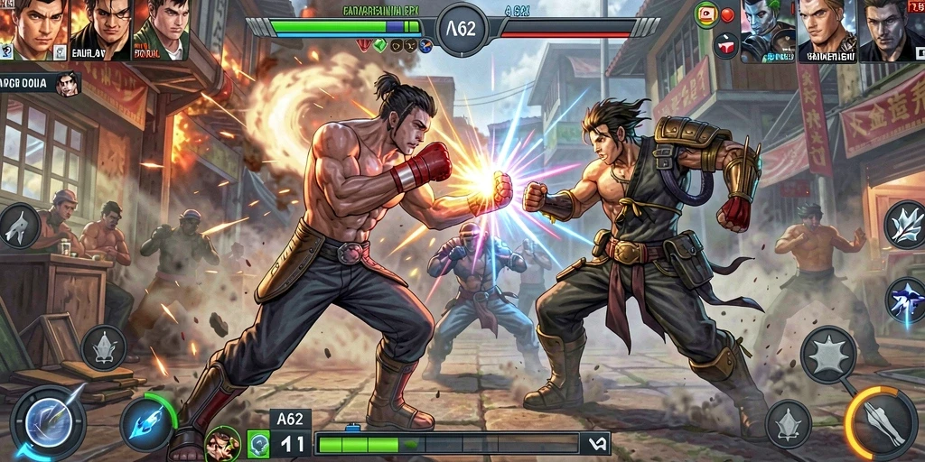 Tampilan gameplay yang menegangkan dalam AA62 saat beradu dengan karakter lawan.