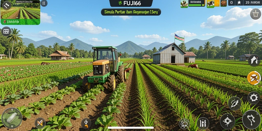 Tangkapan layar gameplay FUJI66 menampilkan ladang yang subur dan berbagai aktivitas pertanian.