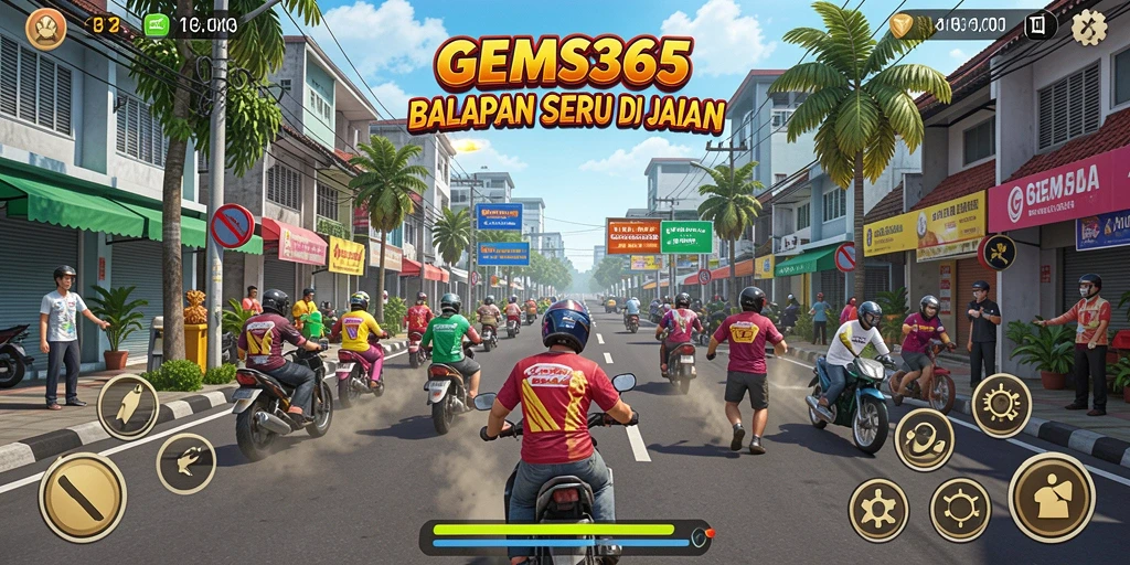 Tangkapan layar GEMS365 menampilkan aksi balapan yang mendebarkan di lintasan.