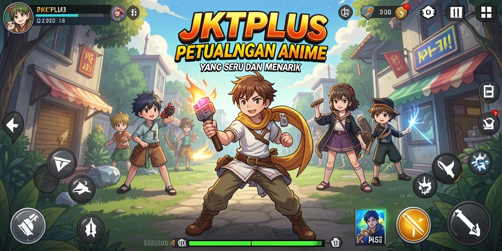 Tampilan gameplay seru dari JKTPLUS menunjukkan pertarungan karakter anime.