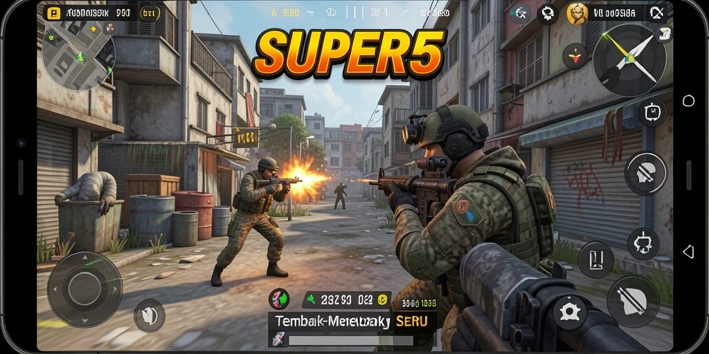 Tampilan aksi spektakuler dalam permainan SUPER5 dengan grafis menawan.