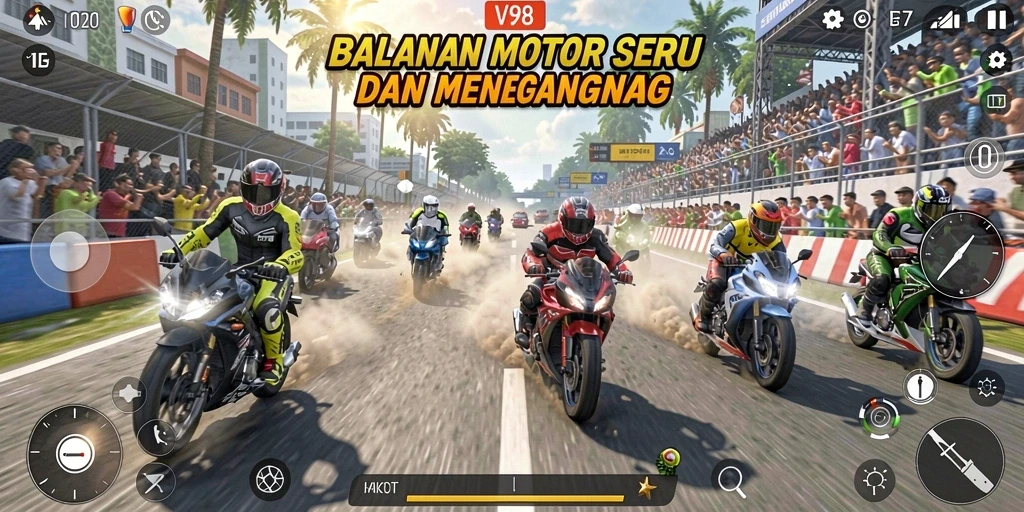 Tampilan gameplay V98 dengan aksi balapan motor yang seru.