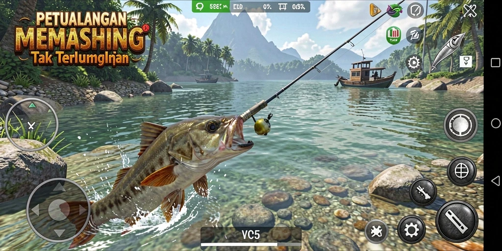 Tampilan gameplay VC5 yang menakjubkan saat memancing di lautan.