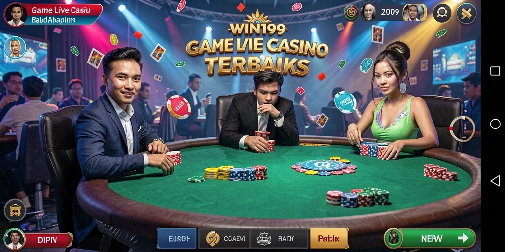 Screenshot gameplay WIN199 yang menunjukkan dealer profesional dan suasana kasino hidup.